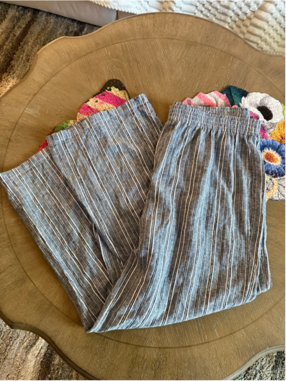 Linda Anderson Blue and White Striped Wide Leg Pants Large